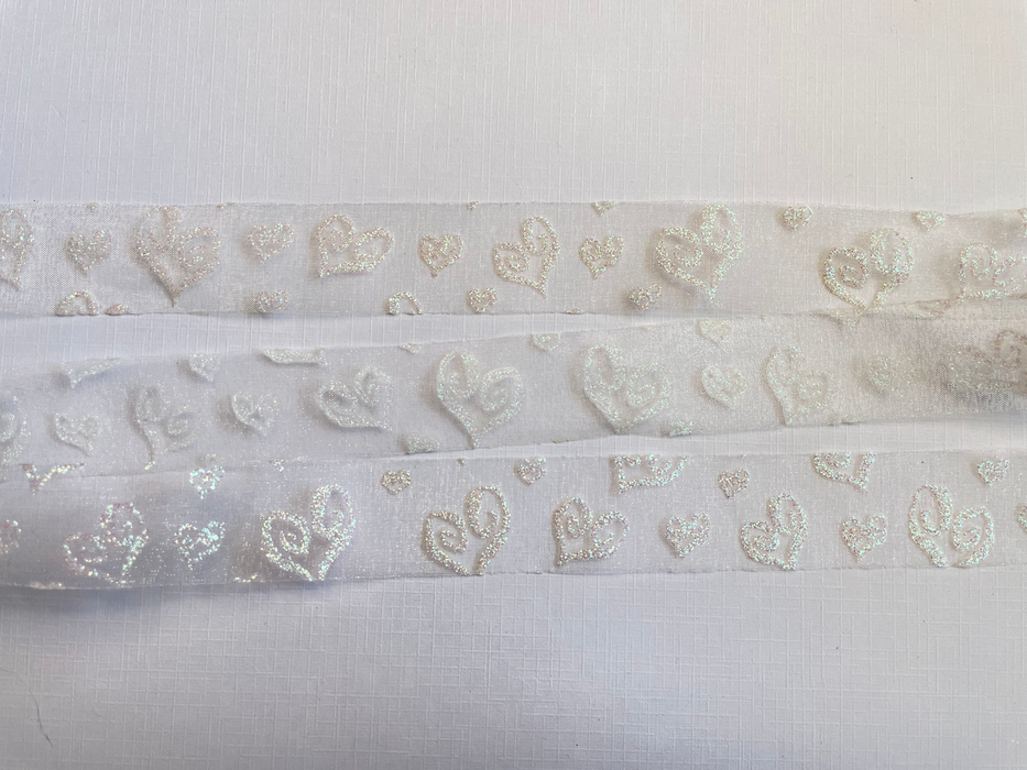 Organza Ribbon -25mm White with Iridescent Hearts (5 metres)