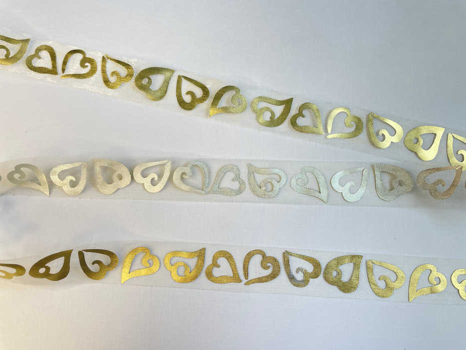 Organza Ribbon - 25mm Cream with Gold Hearts (5 metres)
