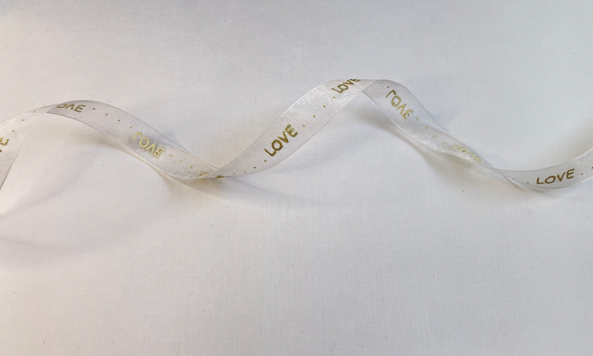 Organza Ribbon - 15mm White Gold Glitter "LOVE" (5 metres)